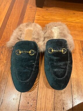 Velvet Black Fur-Lined Slip-On Mules with Gold Horsebit